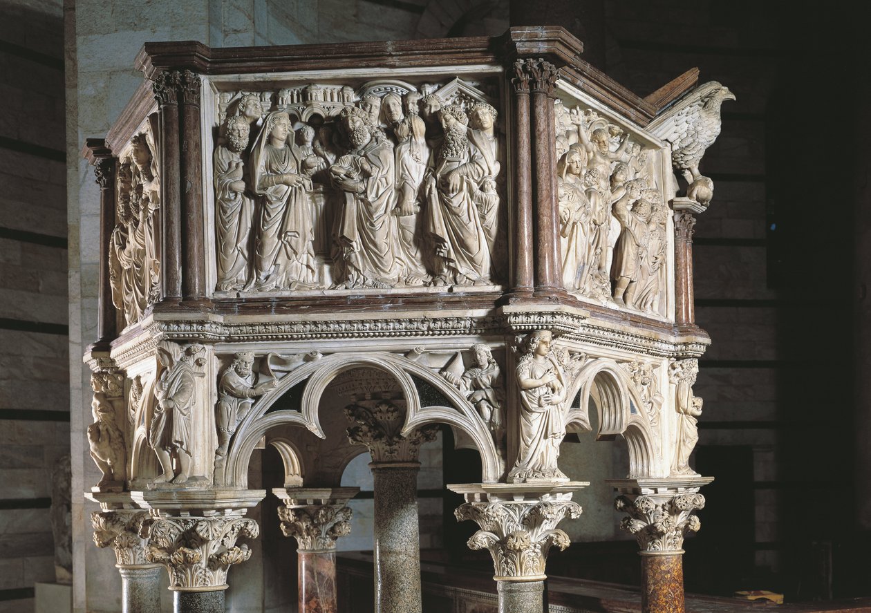 Itálie, Toskánsko, Pisa, Piazza dei Miracoli, Křtitelnice svatého Jana, kazatelna Nicola Pisano od Nicola Pisano