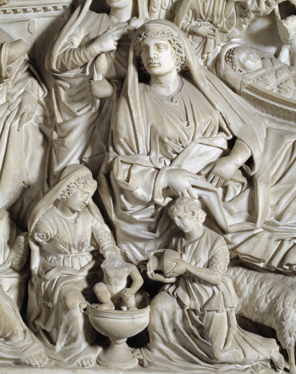 La nativite (zrození) Detail Židle realizovaná Nicolou Pisano (1215 / 20-1278 / 84) (Mramorová kazatelna) 1260 Baptistere Saint John of Pisa (Battistero san Giovanni di Pisa), Itálie od Nicola Pisano