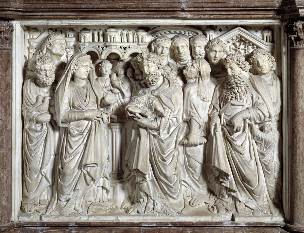 Uvedení Ježíše do chrámu (Uvedení Ježíše do chrámu) Židle realizovaná Nicolou Pisano (1215/20-1278/84) (Mramorová kazatelna) 1260 Baptistere Saint John of Pisa (Battistero san Giovanni di Pisa), Itálie od Nicola Pisano