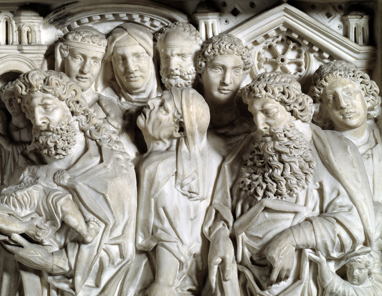 Uvedení Ježíše do chrámu (Uvedení Ježíše do chrámu) Detail Židle realizoval Nicola Pisano (1215/20-1278/84) (Mramorová kazatelna) 1260 Baptistere Saint John z Pisy (Battistero san Giovanni di Pisa), Itálie od Nicola Pisano