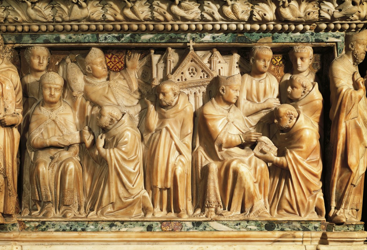 Reliéf zobrazující schválení řádu papežem Inocencem III od Nicola Pisano