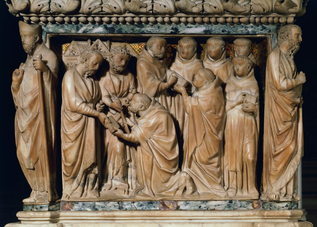 Apoštolové Petr a Pavel se zjevují svatému Dominikovi, dekorativní reliéf z Arca di San Domenico, od Nicola Pisana a jeho dílny, mramor, kaple San Domenico, bazilika San Domenico, Bologna, Emilia-Romagna, Itálie od Nicola Pisano