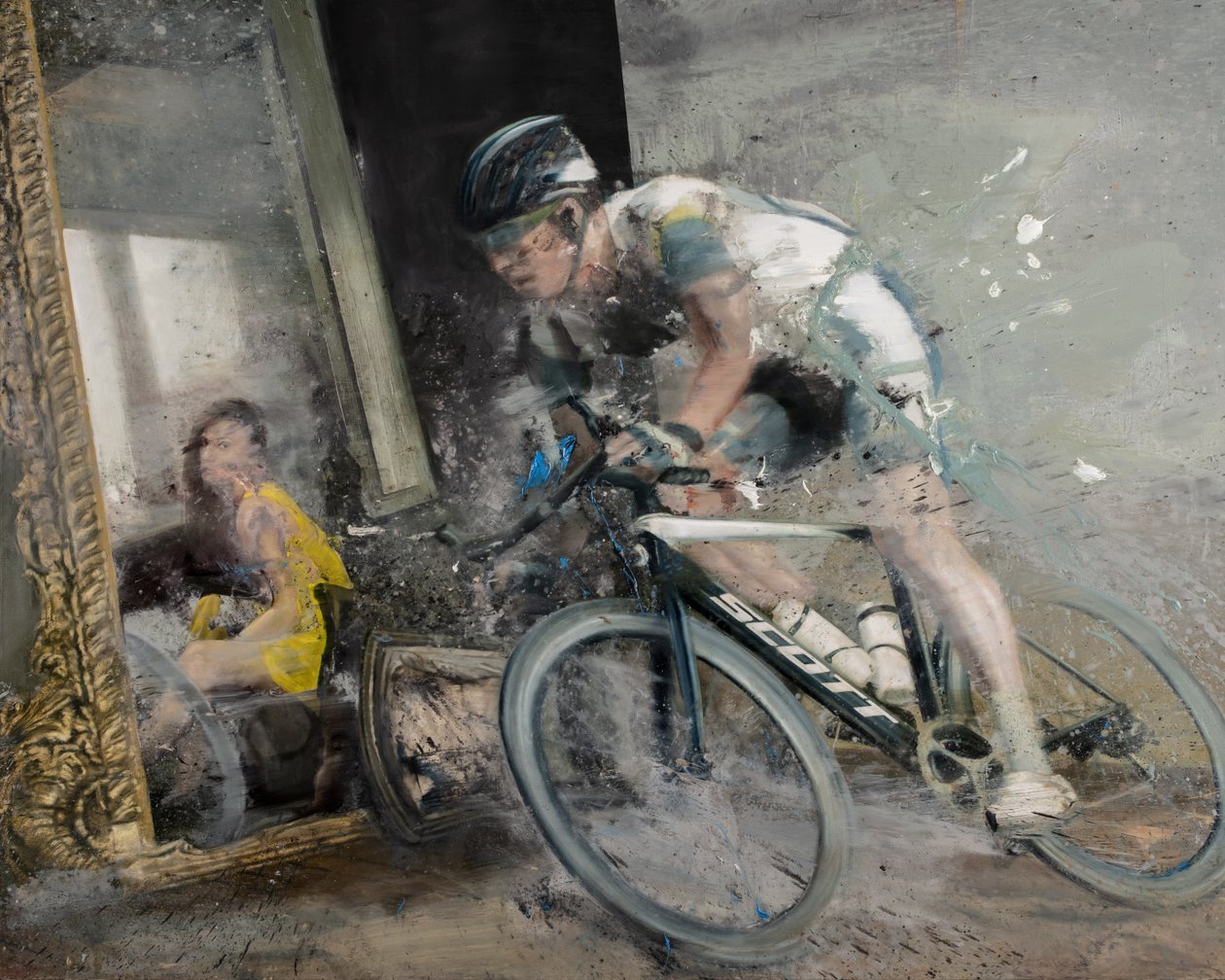 Cyklista se zrcadlem, 2021 (olej na plátně) od Nicola Pucci