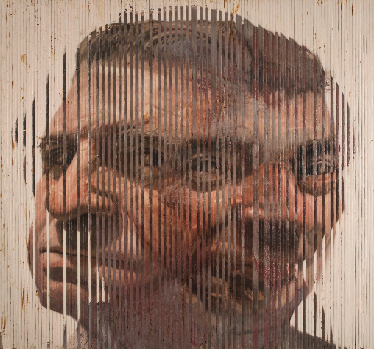 Fusioni Volti II, 2006 (olej na plátně, řezaný a nanesený na desku) od Nicola Pucci