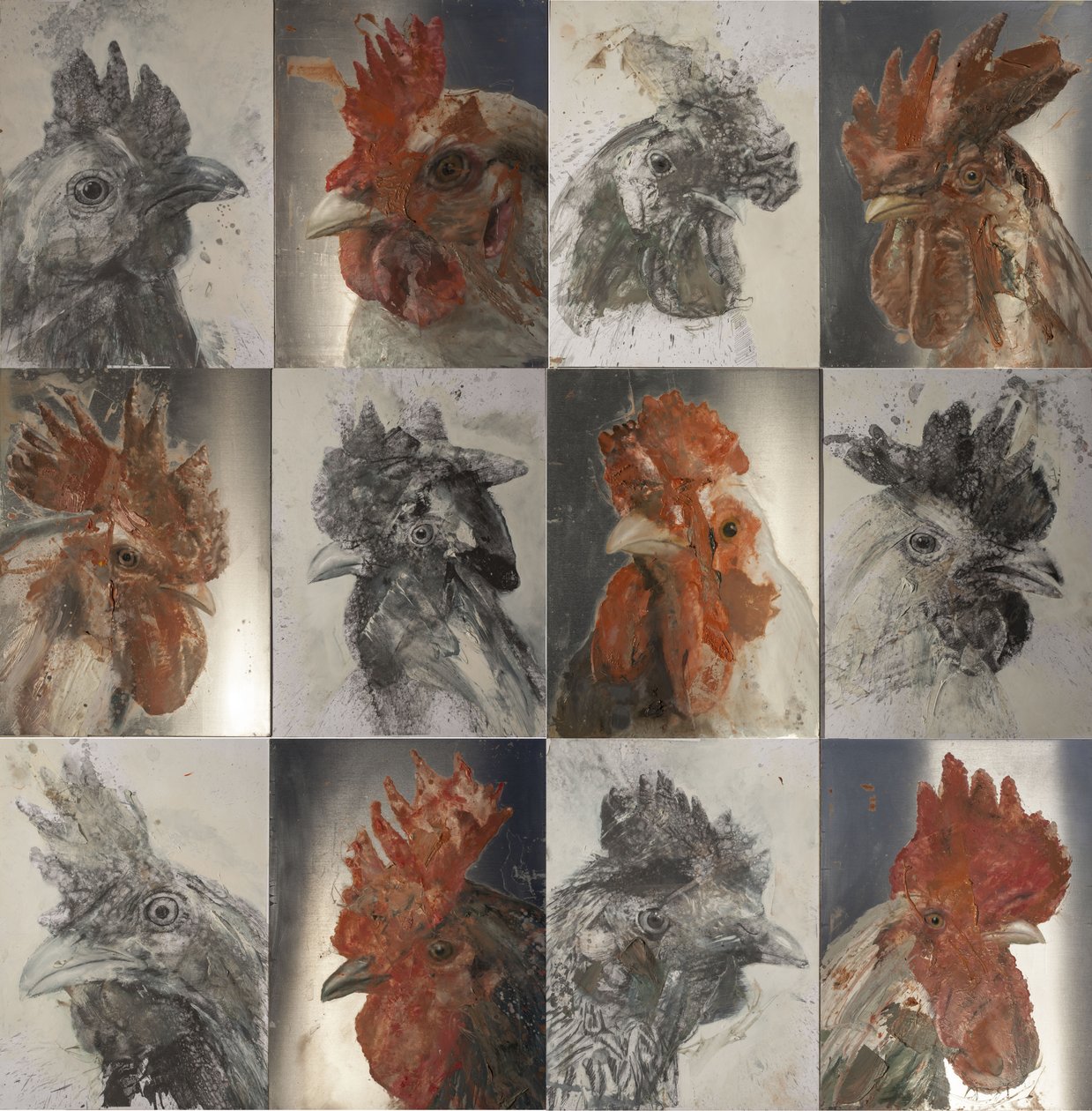 Kohouti na grilu, 2019 (olej na hliníku a grafit na papíře) od Nicola Pucci