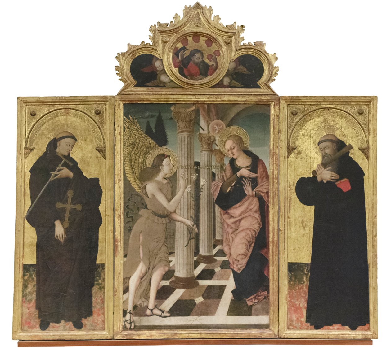 Zvěstování svatým Janu Gualbertovi a Benediktovi, asi 1500-05 (triptych na desce) od Nicola de Maestro Antonio