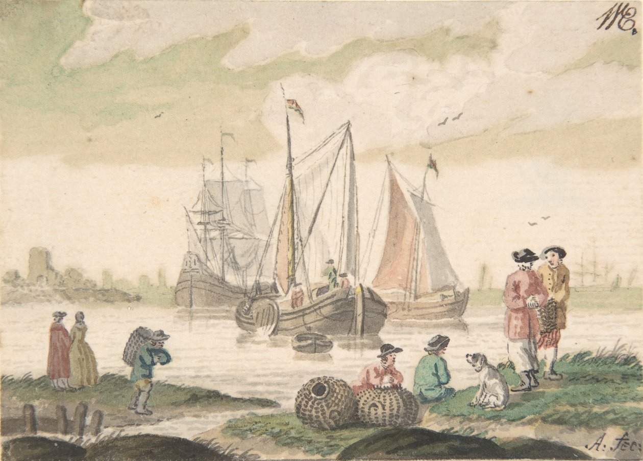 Přímořská krajina se sedmi postavami a psem, 1733-93. od Nicolaas Aartman