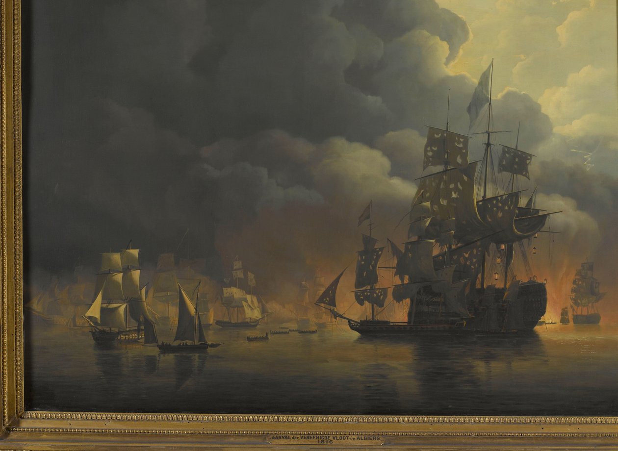 Anglo-nizozemská flotila pod vedením lorda Exmoutha a viceadmirála Jonkheera Theodoruse Frederika van Capellena vyřazuje alžírské pevnosti, 27. srpna 1816 Čtyři epizody během přítomnosti Anglo-nizozemské flotily v Alžírském zálivu, 26. až 27. srpna 1816 od Nicolaas Baur