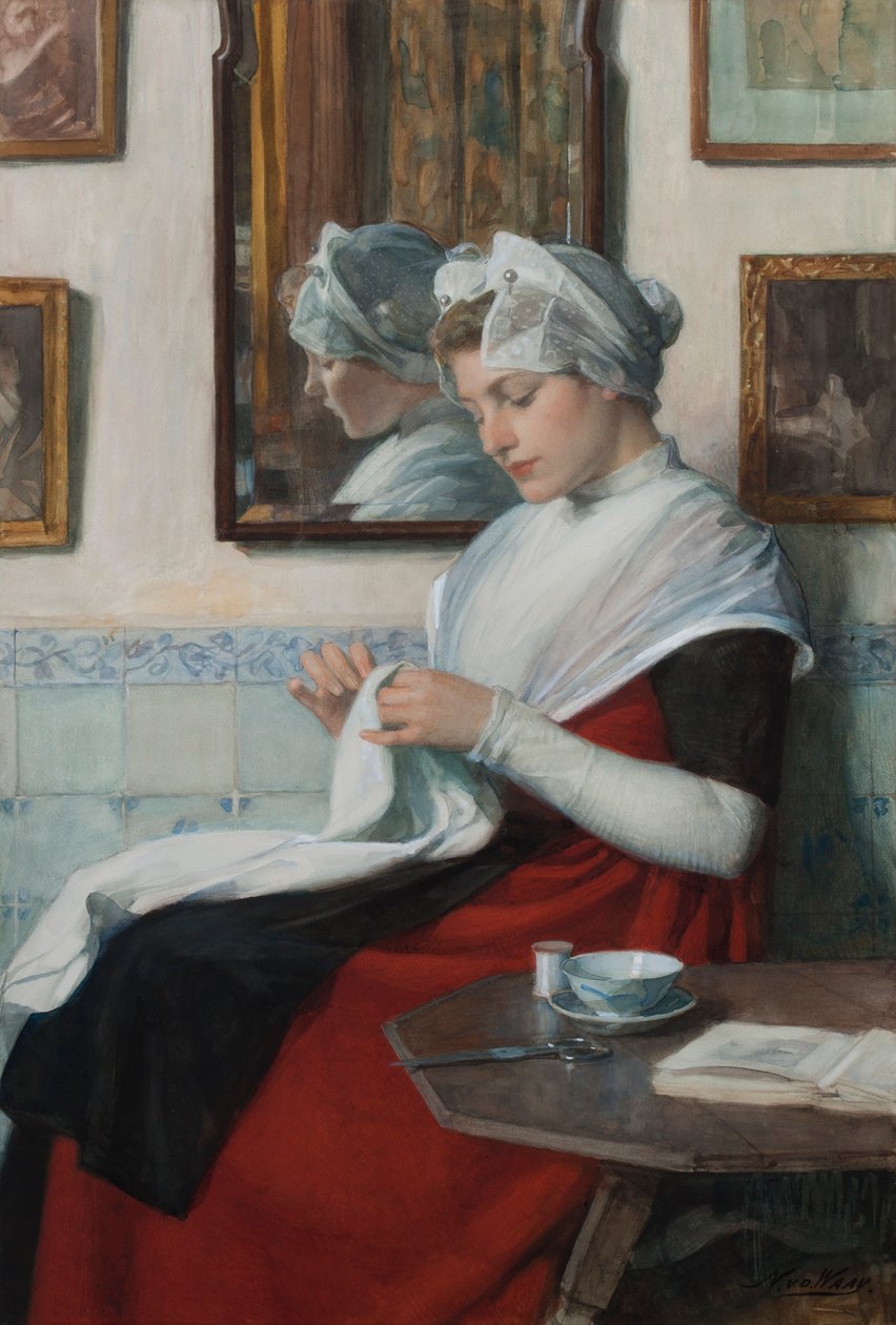An Amsterdam Orphan Girl Sewing, c.1890 (wc položena na kartonu) od Nicolaas van der Waay