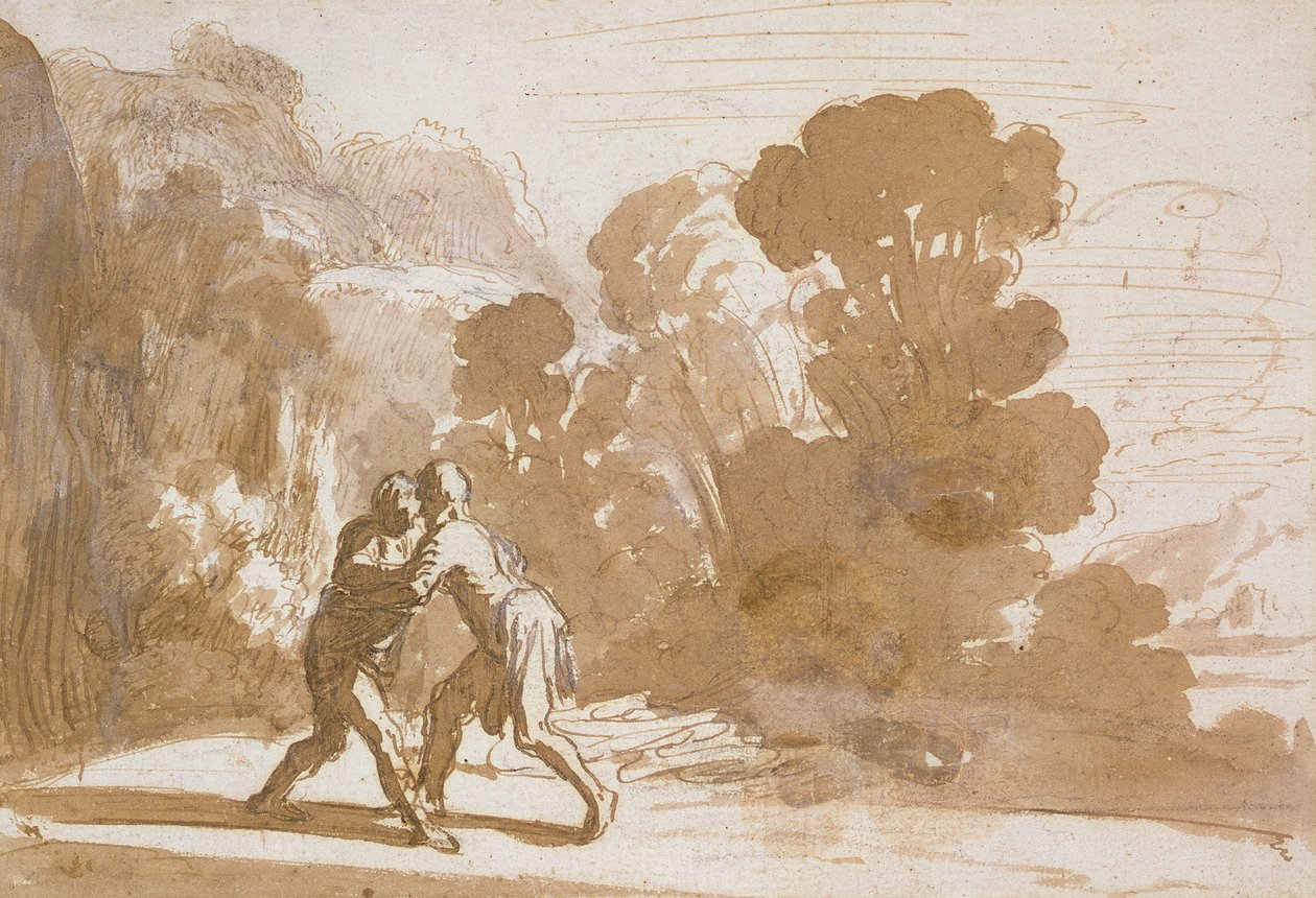 No.3192 Jacob Wrestling with an Angel, c.1605-10 (pero a inkoust s praním) od Nicolaes Cornelisz Moeyaert