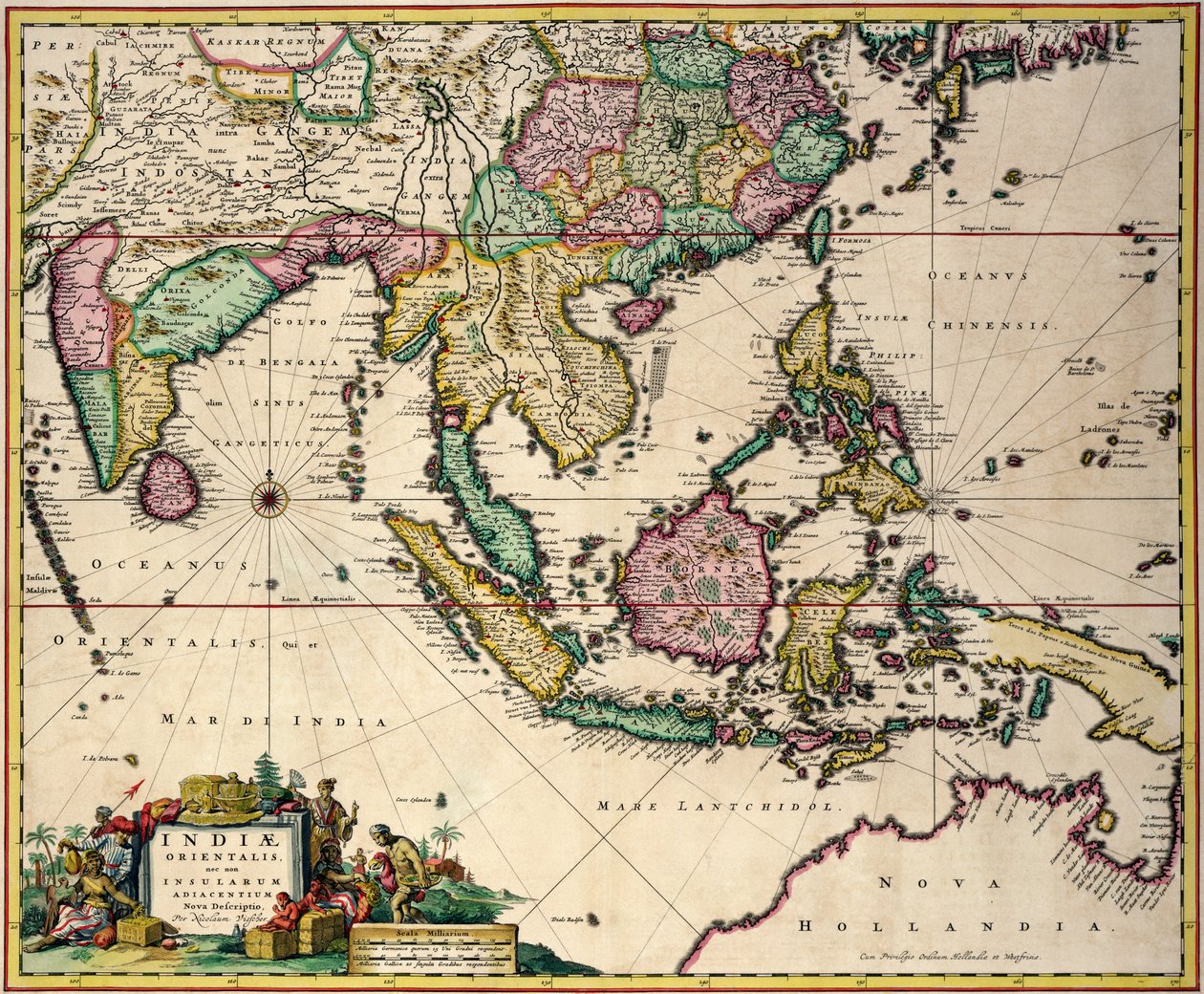 Obecná mapa od Indie a Cejlonu po severozápadní Austrálii přes jižní Japonsko, Filipíny, Malajský poloostrov a Indonéské souostroví od Nicolaes Jansz Visscher