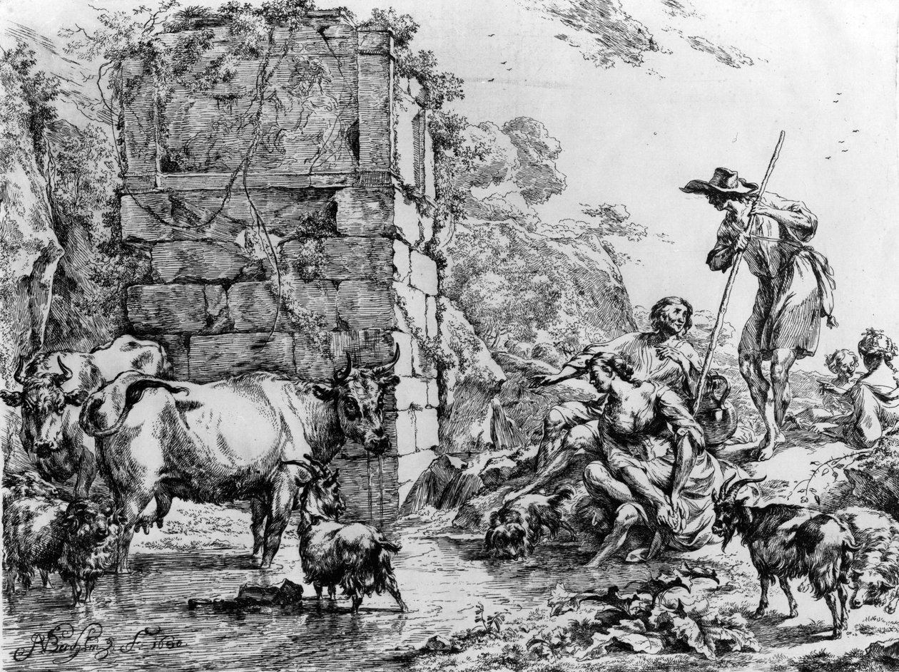 Krávy a kozy pijí u rybníka od Nicolaes Pietersz. Berchem