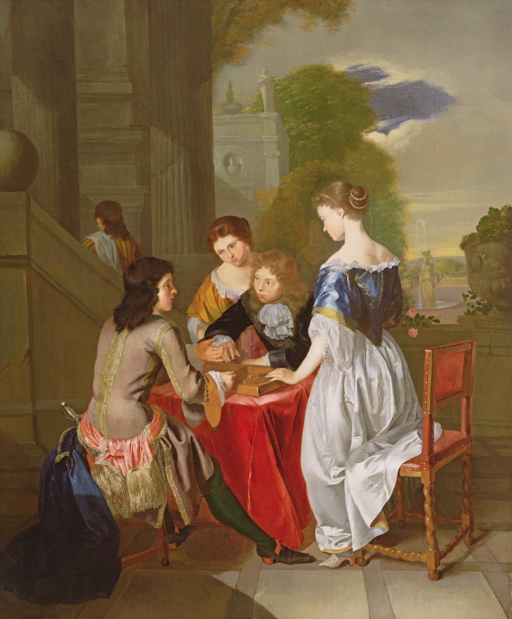 Elegantní společnost hrající backgammon od Nicolaes Verkolje