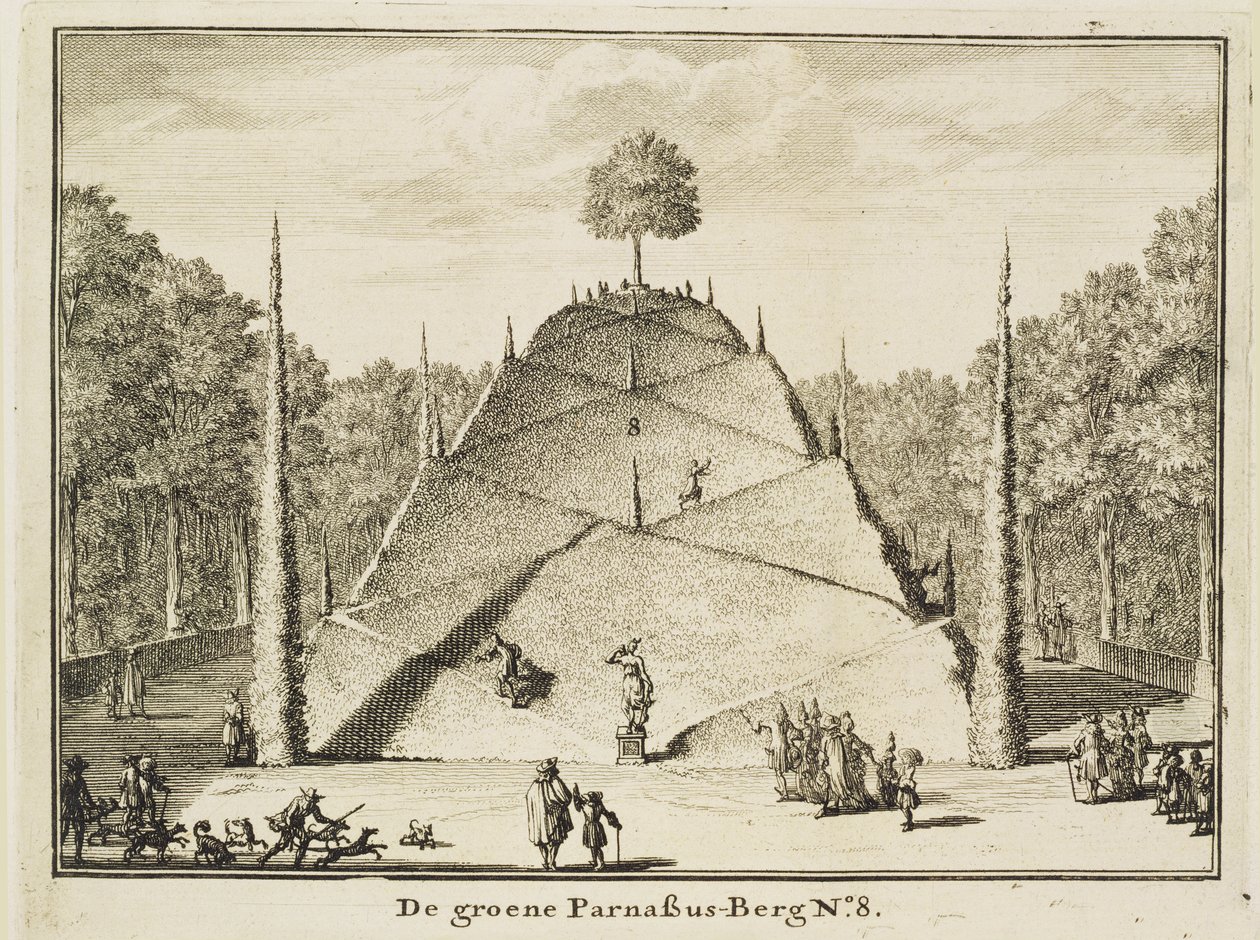 Umělá hora Parnassus, vyryla Johannes Van den Aveele († 1727) od Nicolaes Jansz Visscher