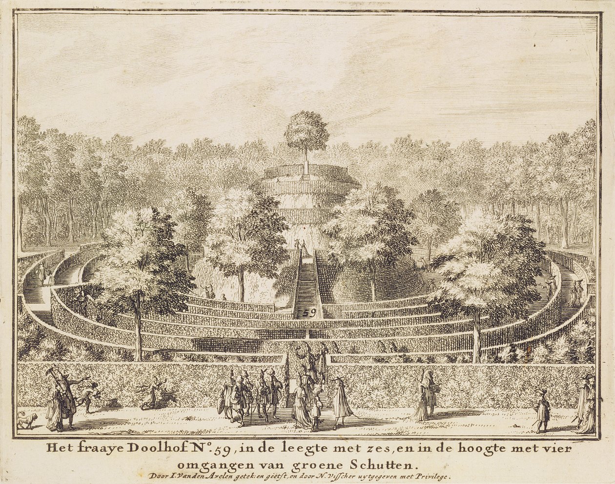 Topiary bludiště se čtyřmi východy a centrálním kopcem, vyryté Johannesem Van den Aveele († 1727) od Nicolaes Jansz Visscher