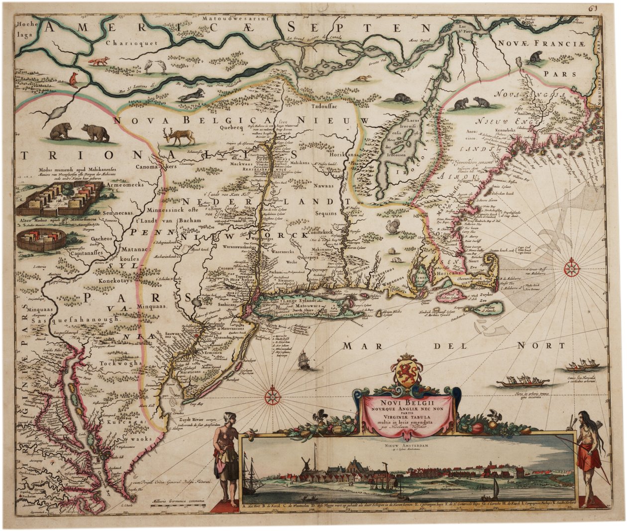 Novi Belgi Novaeque Angliae [Nové Nizozemsko a Nová Anglie], 1682 (ručně kolorovaná rytina) od Nicolaes the Younger Visscher