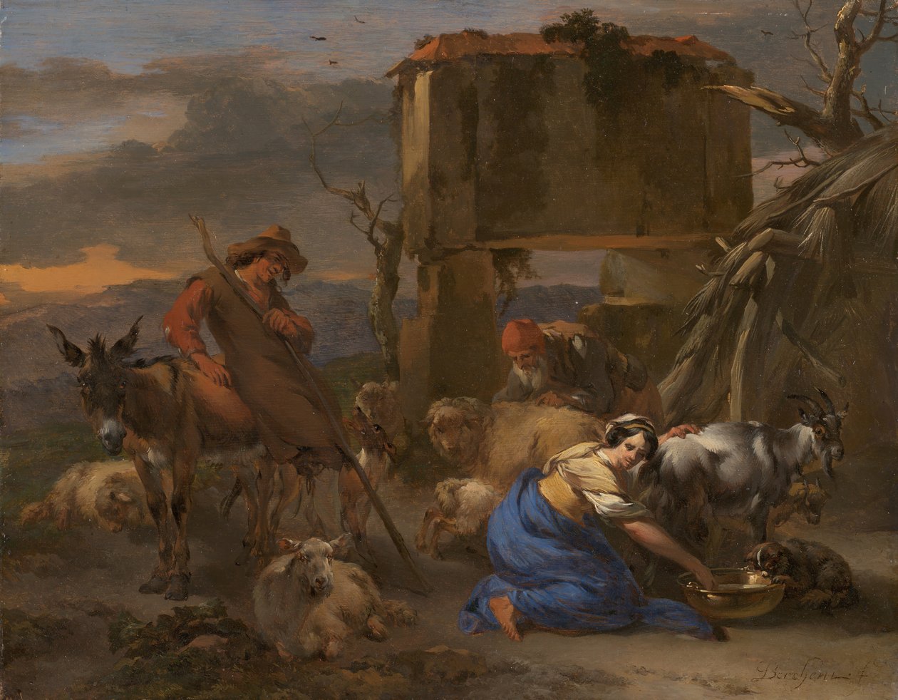Pastorační scéna s pastýřkou dojící kozu, 166570. od Nicolaes Berchem