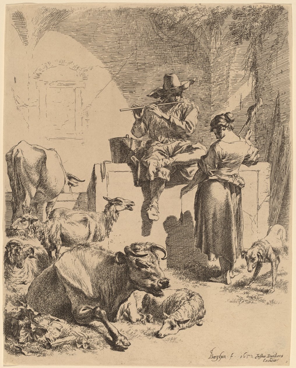 Pastýř sedící na fontáně a kolotoč, 1652. od Nicolaes Berchem