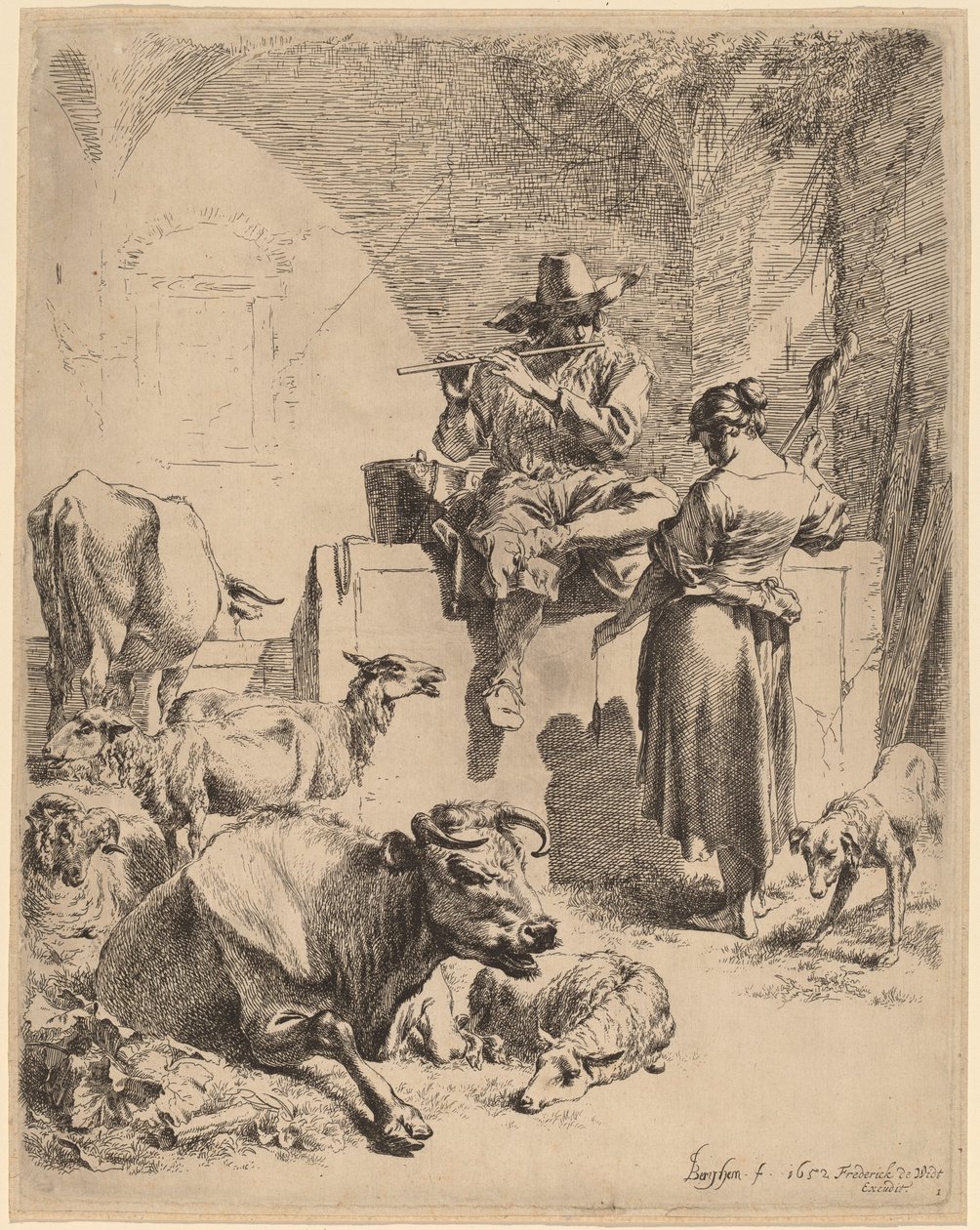 Pastýř sedící na fontáně a kolotoč, 1652. od Nicolaes Berchem