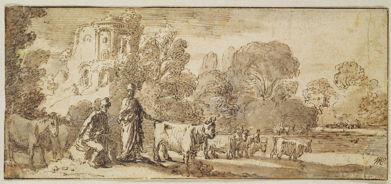 Merkur a Argus se stádem dobytka (pero a inkoust na papíře) od Nicolaes Cornelisz Moeyaert