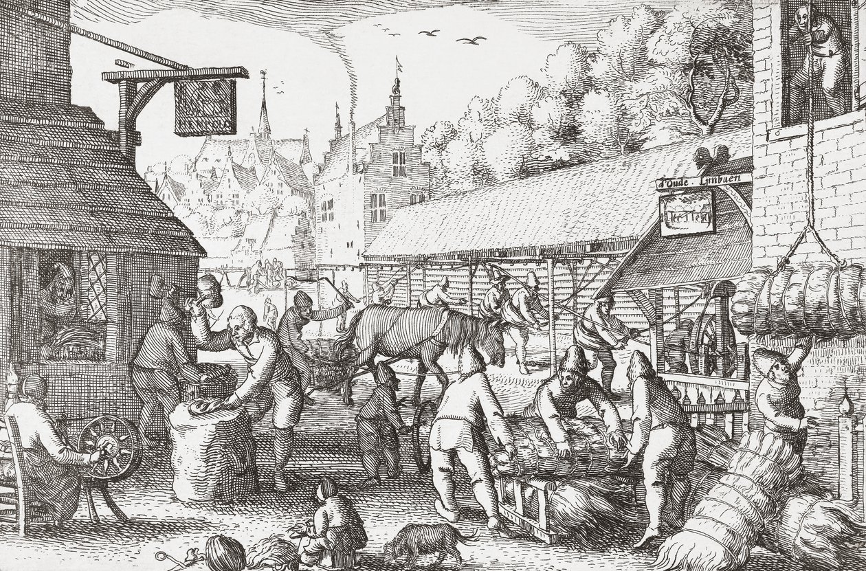 Holandští vesničané ze 17. století vyrábějící lano od Nicolaes Jansz Visscher