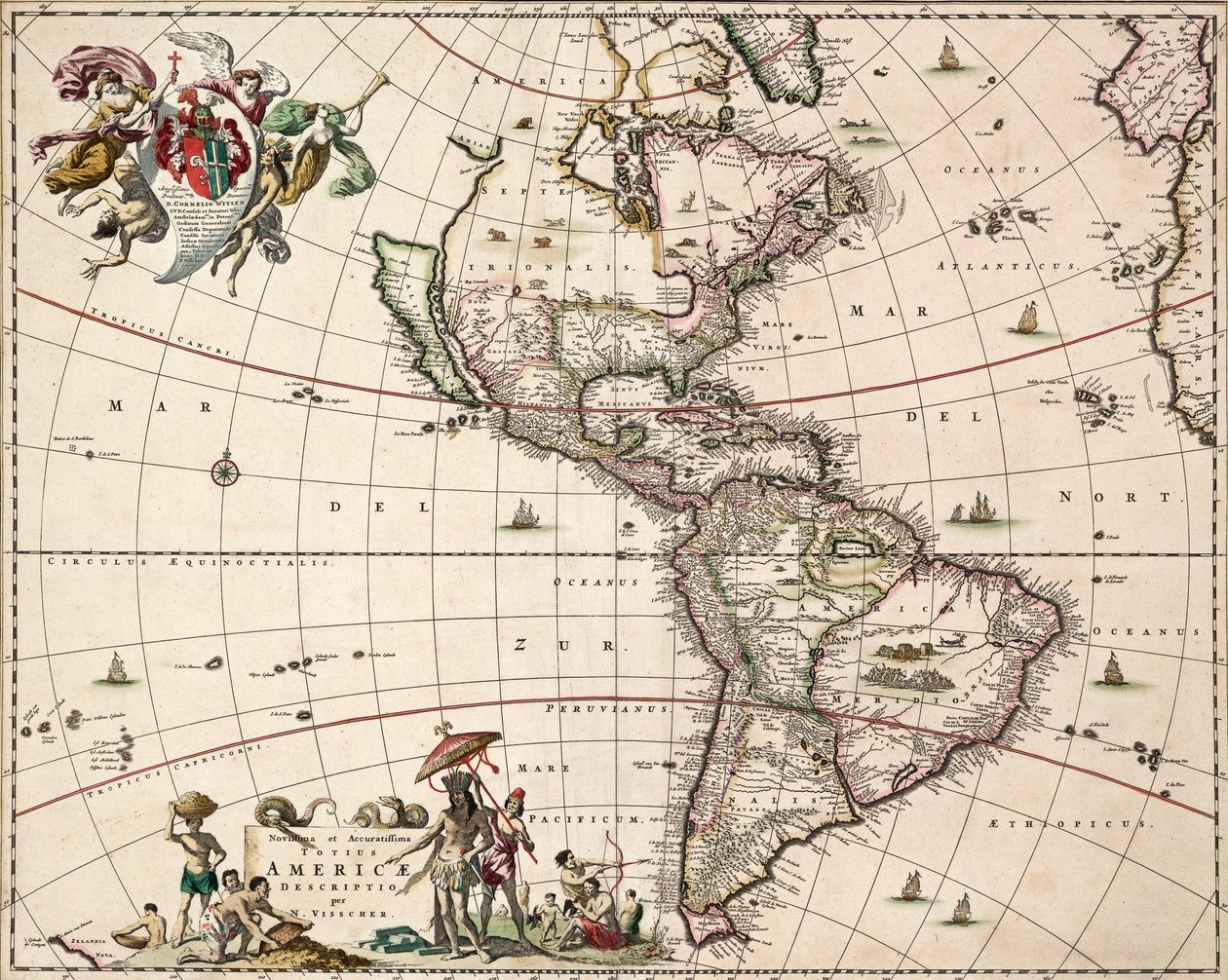 Mapa Ameriky, asi 1671 (kolorovaná rytina) od Nicolaes Jansz (1586 1652) Visscher