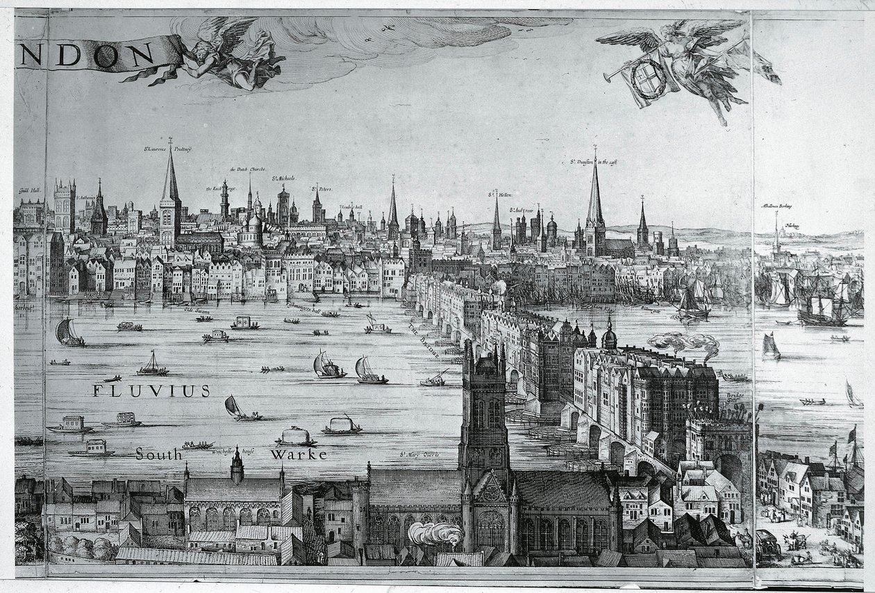 Velká Británie, Anglie, Pohled na City of London s London Bridge od Nicolaes Jansz (1586-1652) Visscher