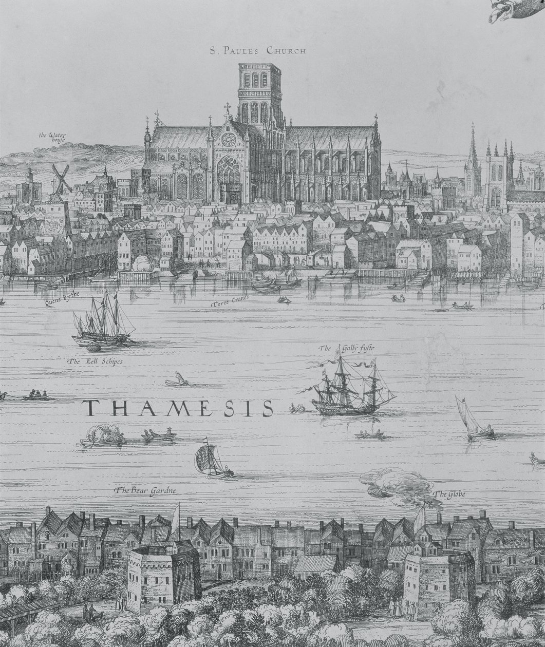 Panorama Londýna a Temže, detail z druhé části zobrazující katedrálu St. Pauls a divadlo Globe, cca 1600 detail rytiny 7214 od Nicolaes Jansz Visscher