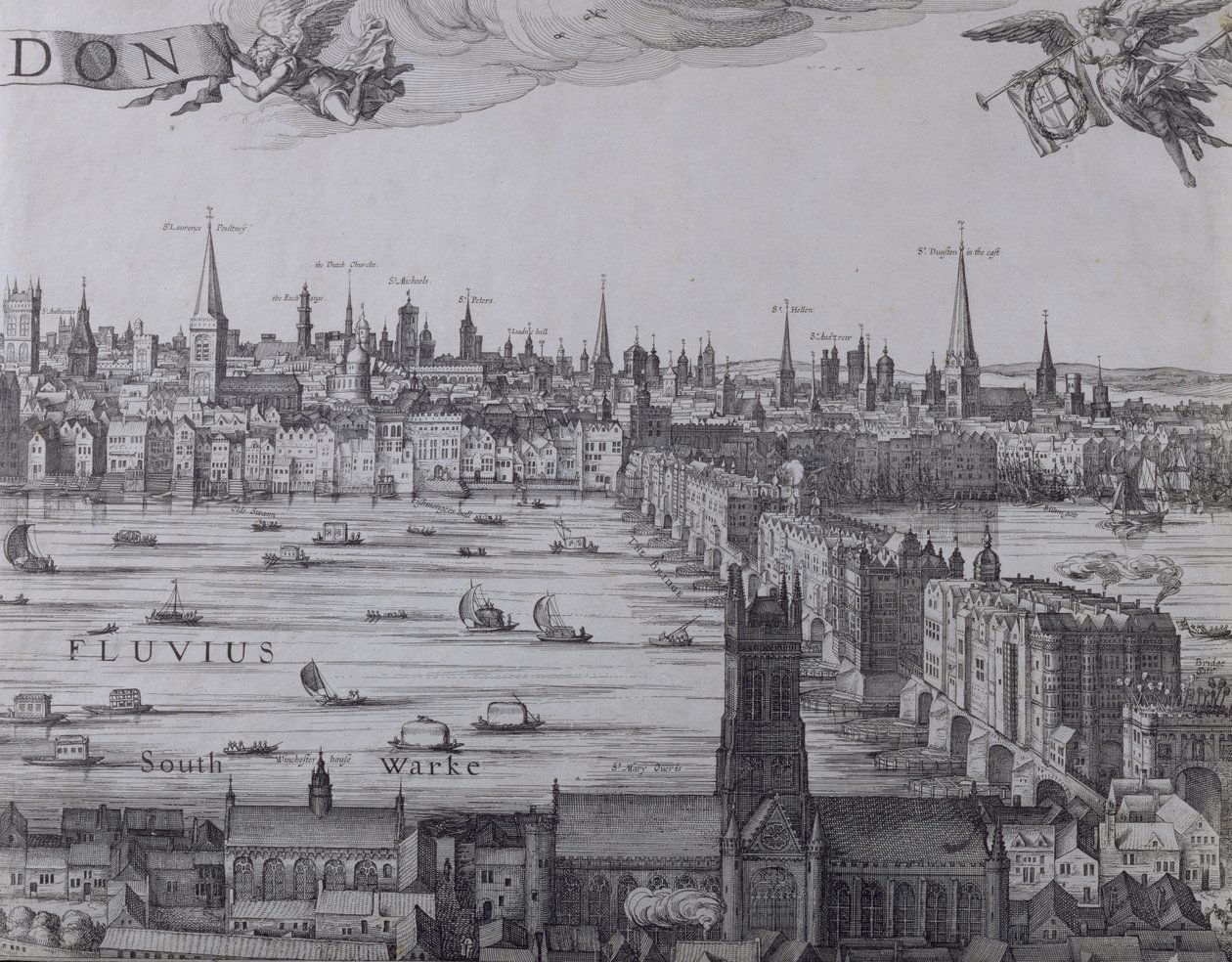 Panorama Londýna a Temže, třetí část zobrazující Southwark, London Bridge a kostely ve městě, kolem roku 1600 (viz také 7214, 64730 a 64732) od Nicolaes Jansz Visscher