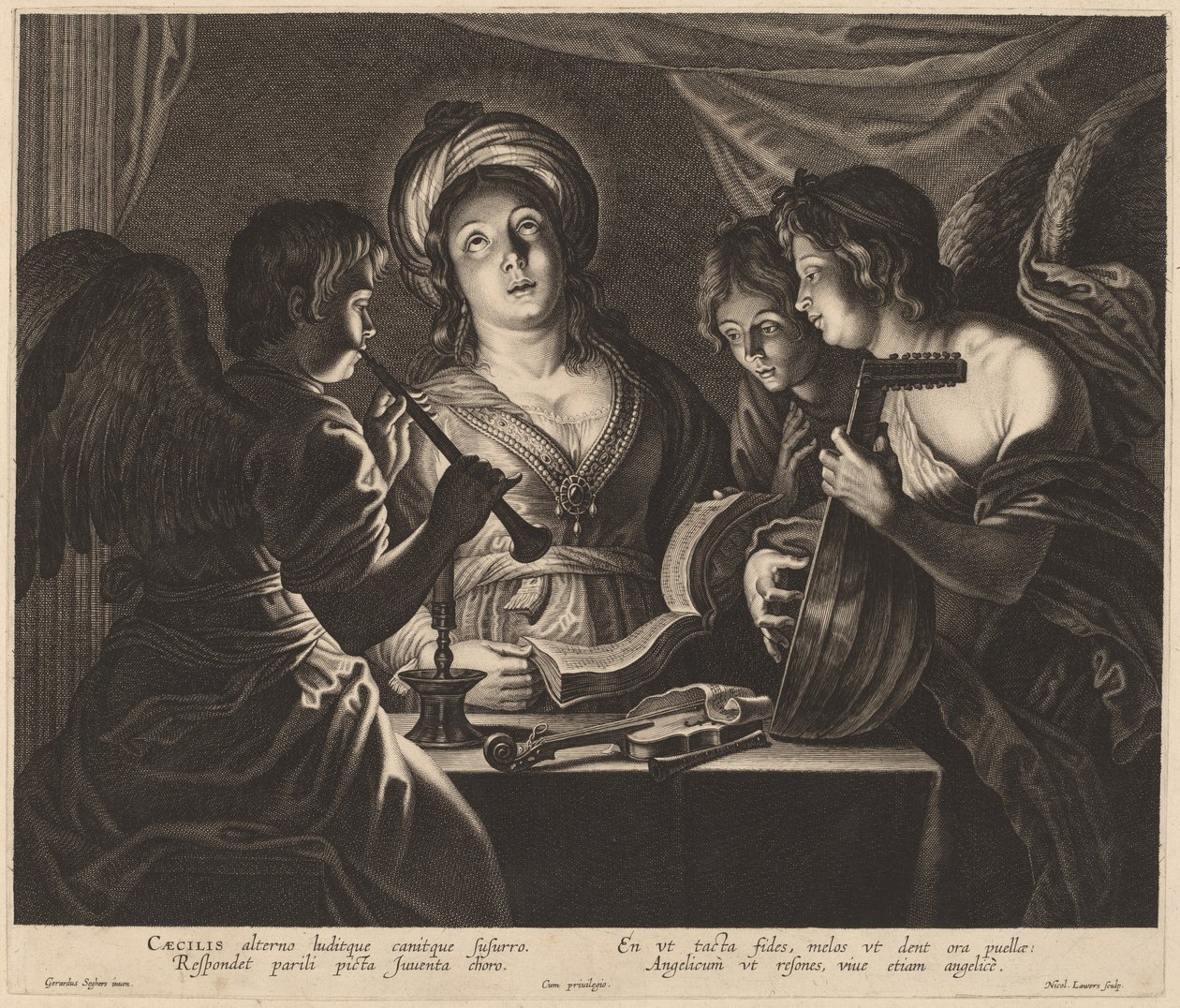 Svatá Cecílie v doprovodu nebeských hudebníků od Nicolaes Lauwers after Gerard Seghers