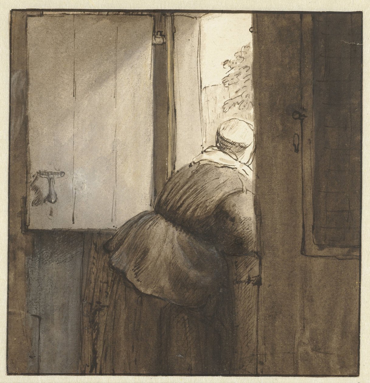 Žena se naklonila pod dveře od Nicolaes Maes (possibly)