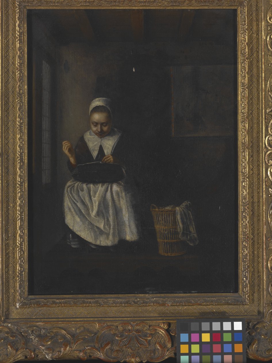 Dívka šijící (olej na dřevě) od Nicolaes Maes