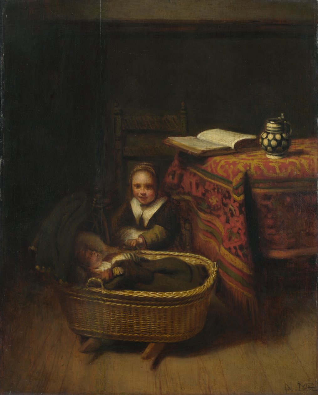 Holčička houpe kolébku, c. 1655 od Nicolaes Maes