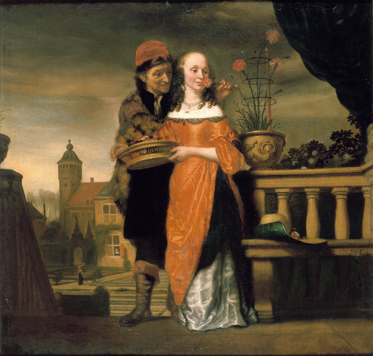 Muž držící karafiát u ženského nosu: Alegorie čichu, před rokem 1660 od Nicolaes Maes