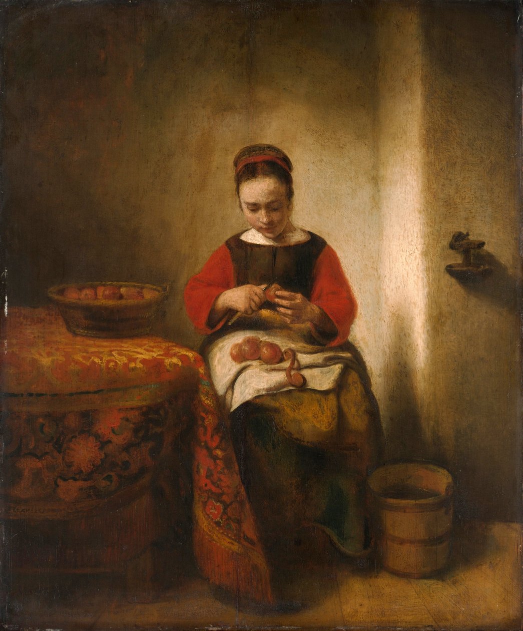 Jablečná slupka, asi 1655 (olej na dřevě) od Nicolaes Maes
