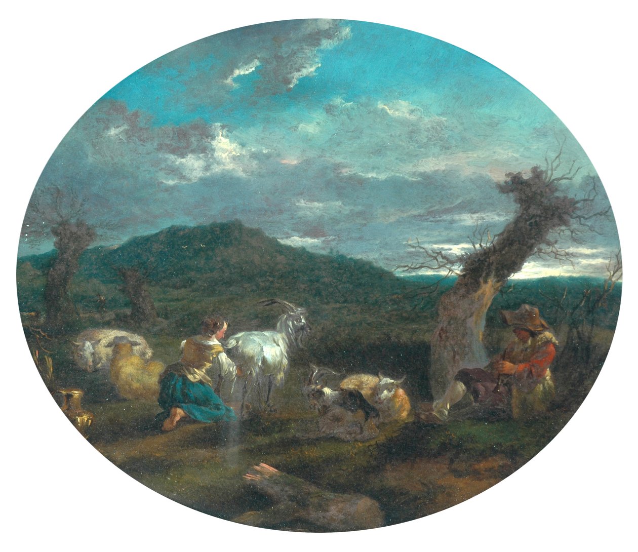 Pastorační scéna (olej na panelu) od Nicolaes Pietersz (attr.to) Berchem