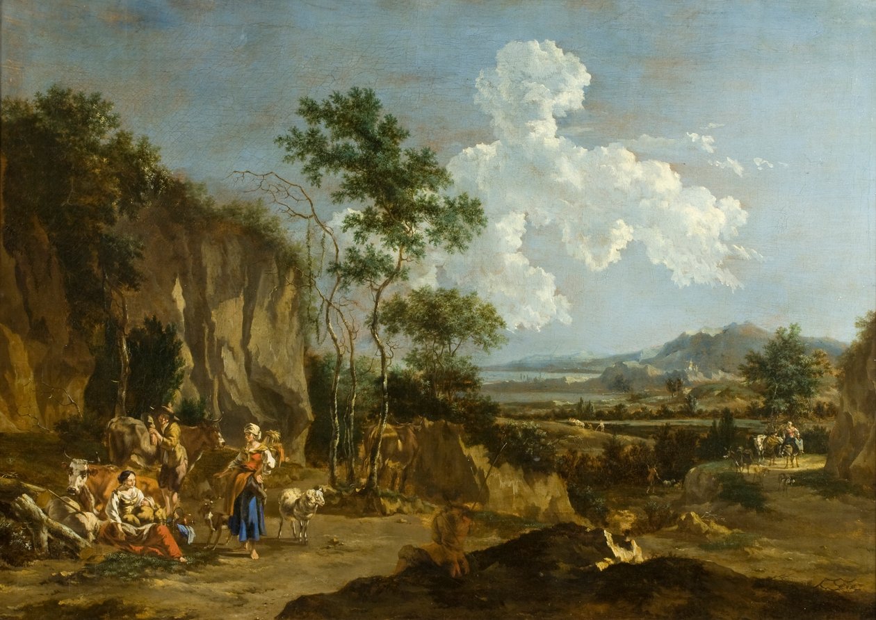 Italská krajina (nebo dělnický oběd) od Nicolaes Pietersz (follower of) Berchem