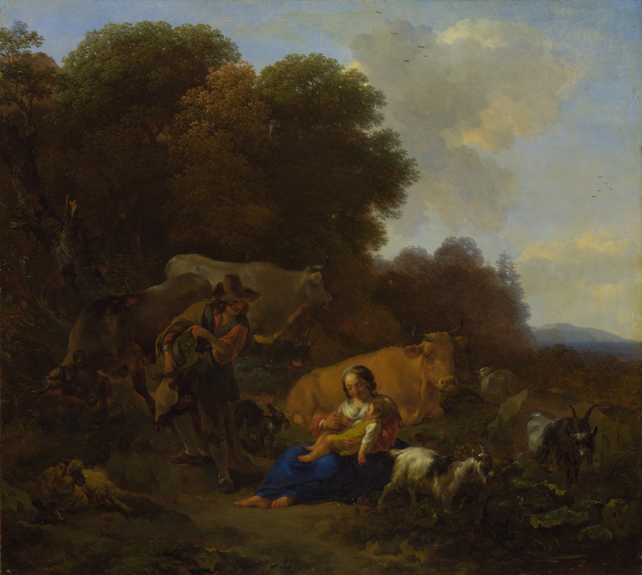Rolník hrající ženě a dítěti hurdy-Gurdy, 1658 od Nicolaes Pietersz. Berchem