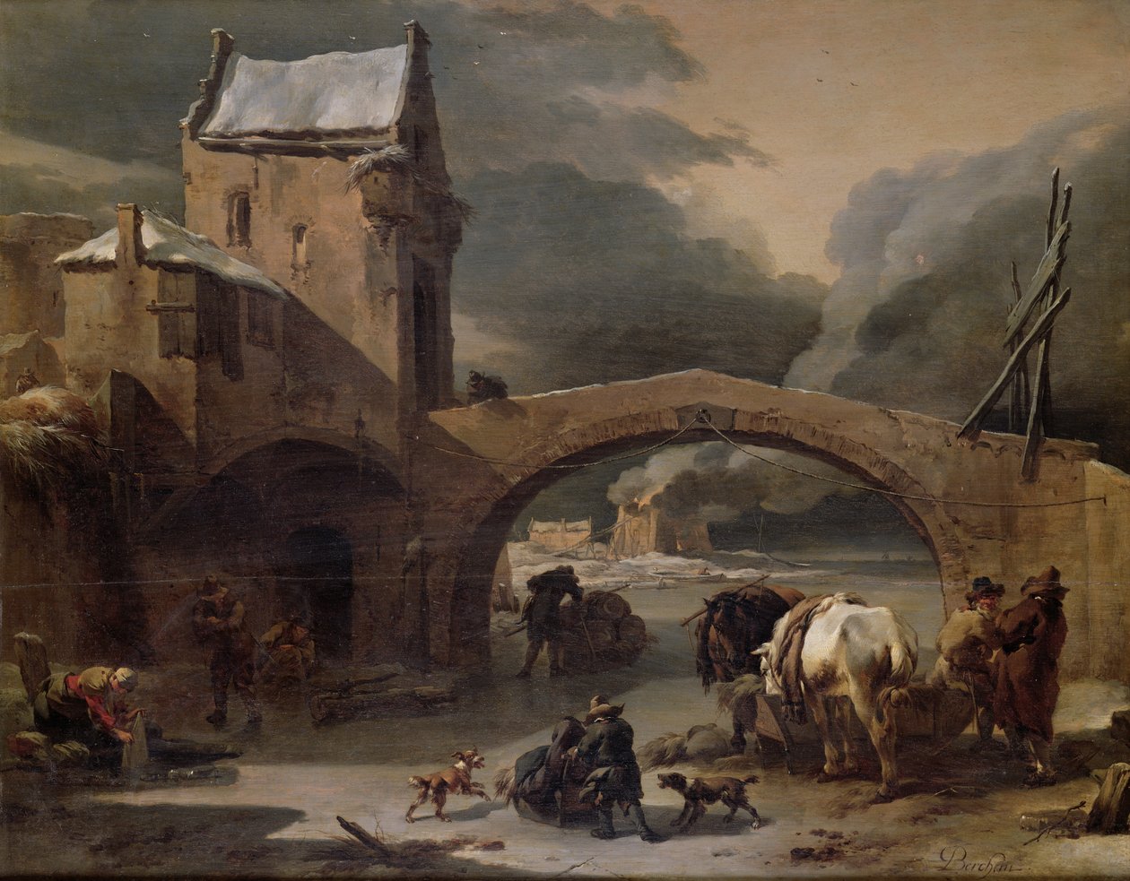 Zimní krajina s rolníky a koňmi na zamrzlém kanálu u opevněného mostu, kolem 1660-70 (olej na panelu) od Nicolaes Pietersz. Berchem