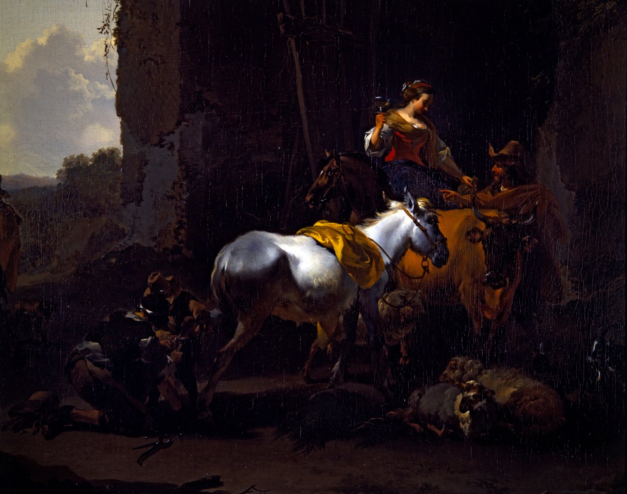 Italská krajina s rolníky před hostincem od Nicolaes Pietersz. Berchem