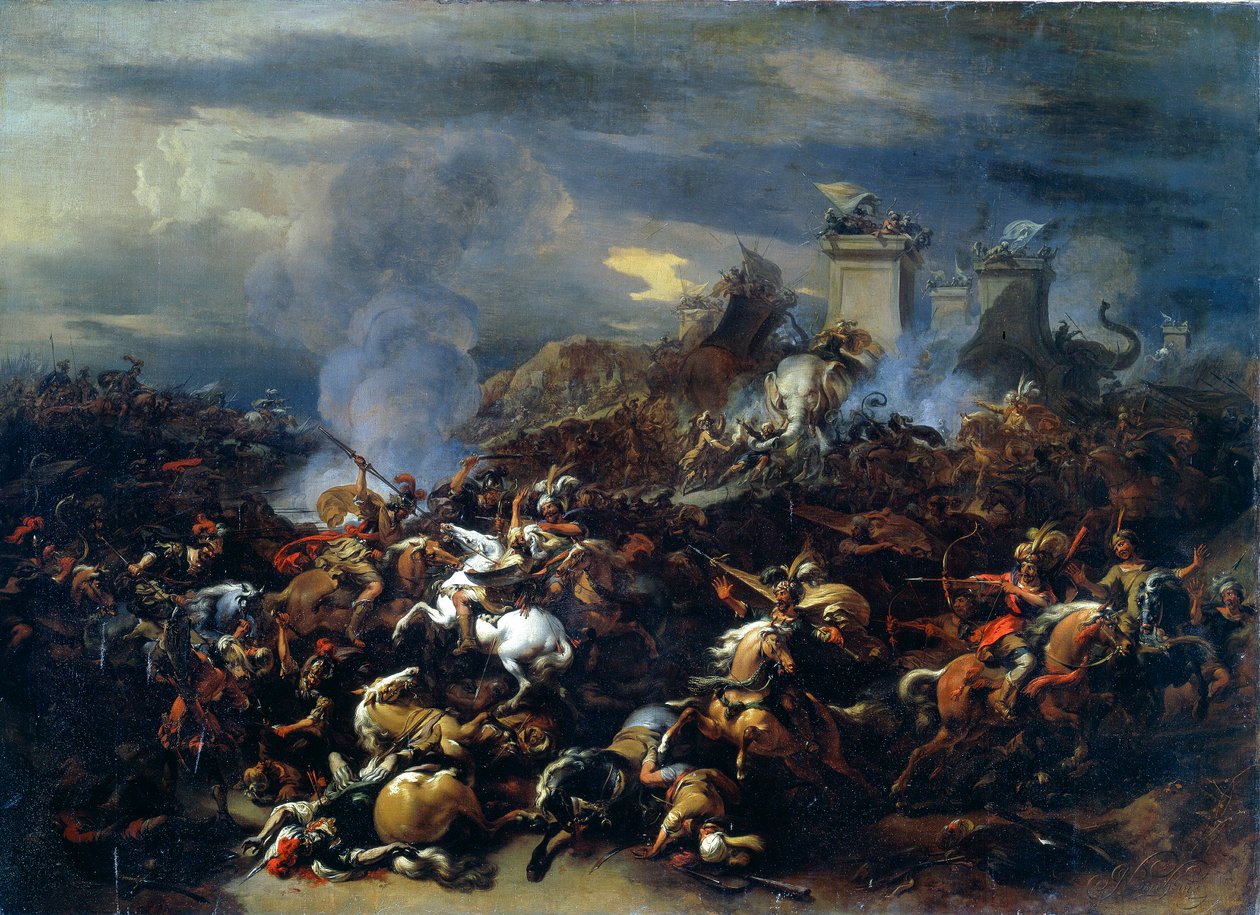 Bitva mezi Alexandrem a Pórem, 326 př. n. l., polovina až konec 17. století od Nicolaes Pietersz. Berchem