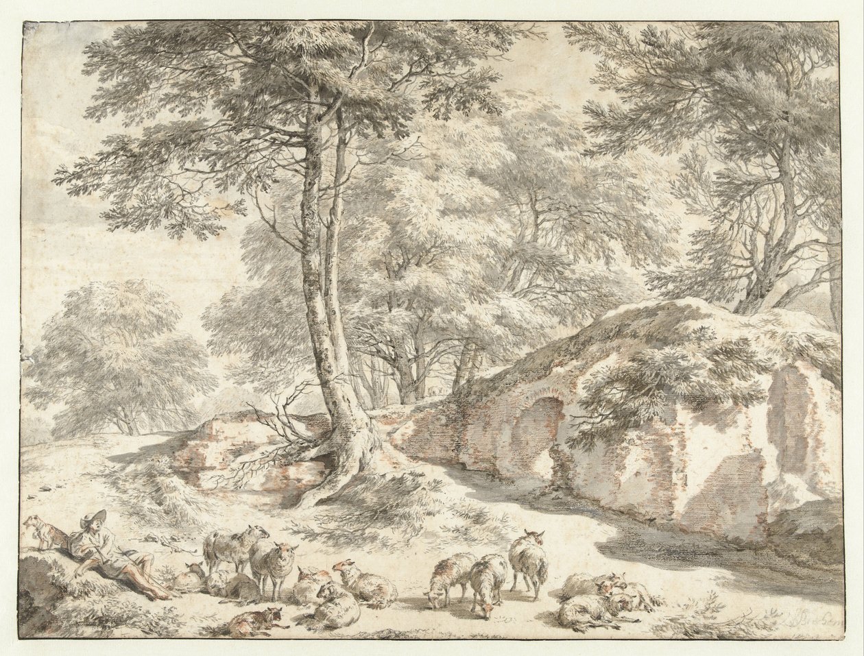 Pastýř s ovcemi na zřícenině mezi stromy od Nicolaes Pietersz Berchem
