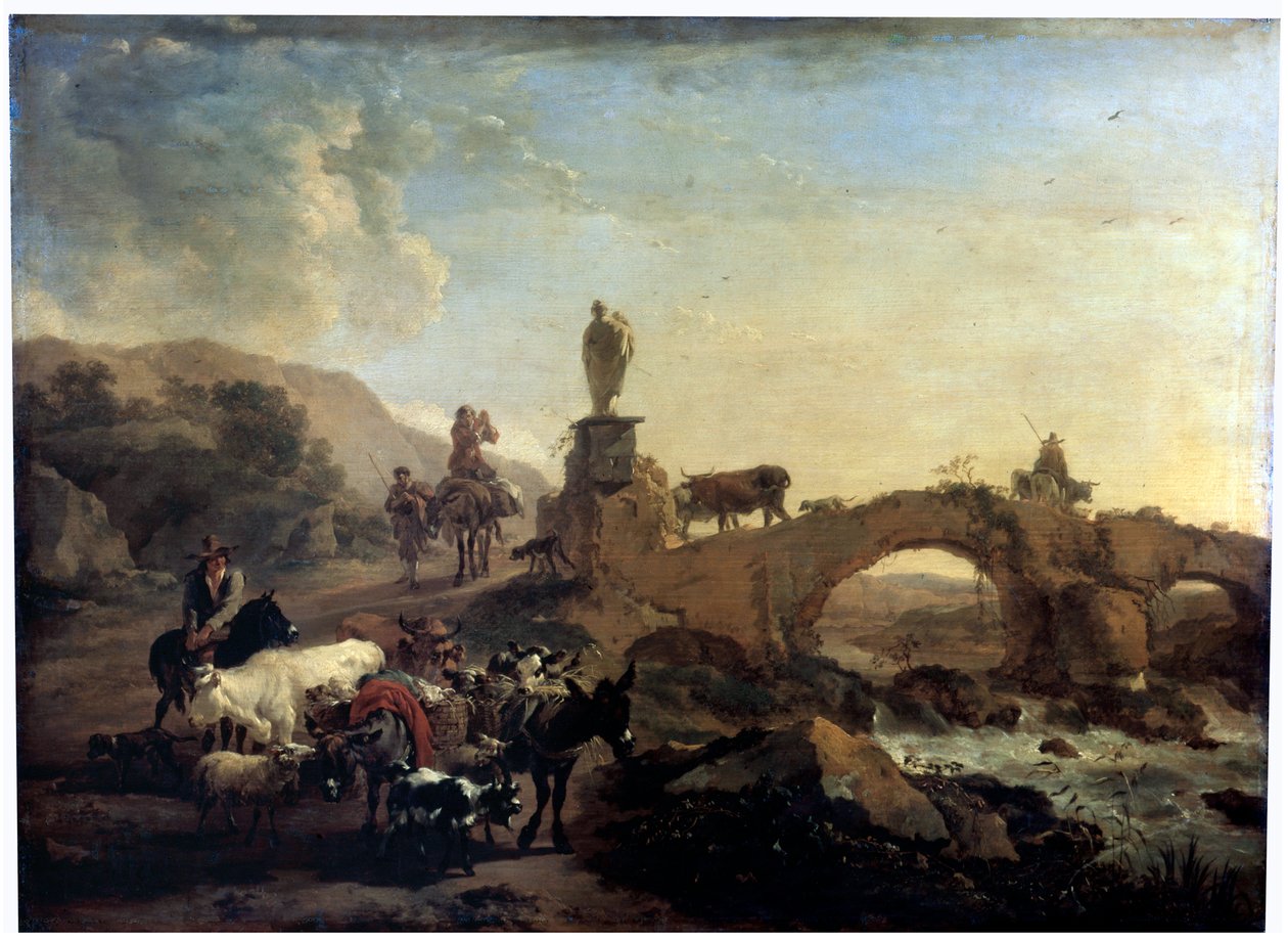 Italská krajina s malým mostem, 1656 od Nicolaes Pietersz. Berchem