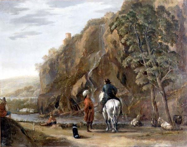 Italská krajina s postavami a koněm na silnici od Nicolaes Pietersz. Berchem