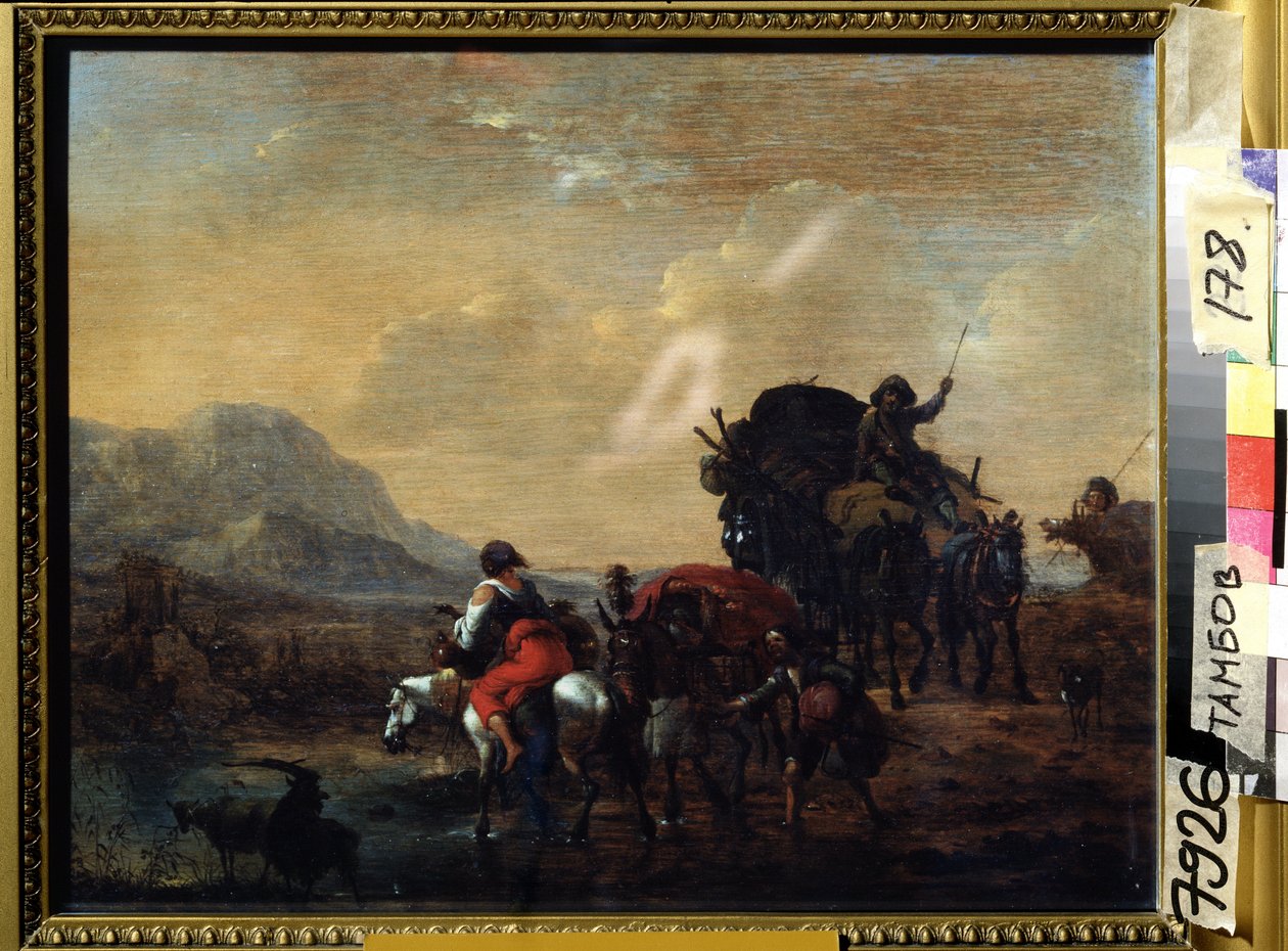 ""La caravane"" (Konvoj) Peinture de Nicolaes Claes Pietersz Berchem (ou Berchen, Berighem, Berrighem, Berrigham) (1620-1683) 1655 Oblastní galerie umění, Tambov, Rusko od Nicolaes Pietersz. Berchem