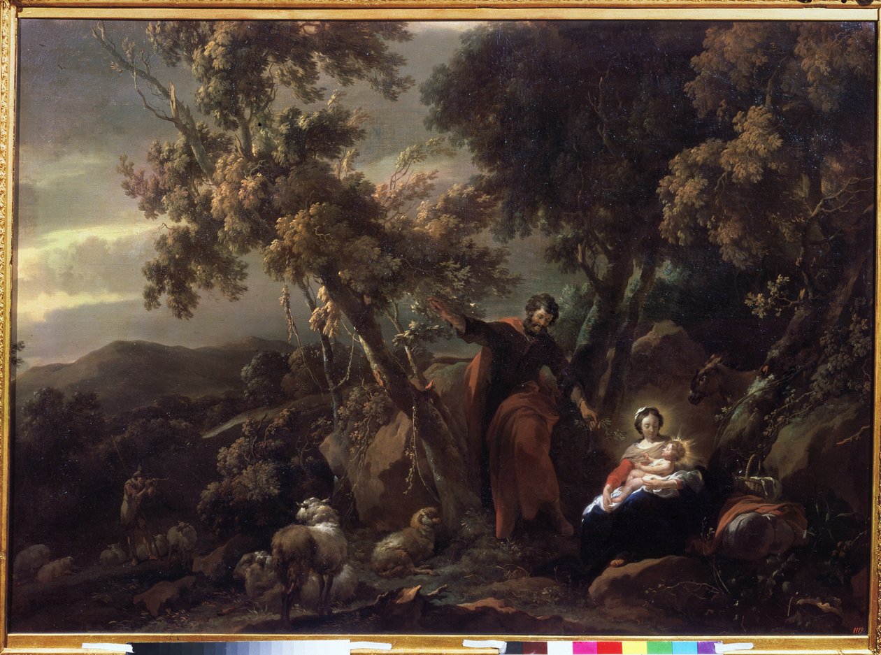 ""Odpočinek na útěku do Egypta"" (Odpočinek na útěku do Egypta) Obraz Nicolaese Pietersze Berchema (nebo Berghem) (1620-1683) Puškinovo muzeum ze 17. století Moskva od Nicolaes Pietersz. Berchem