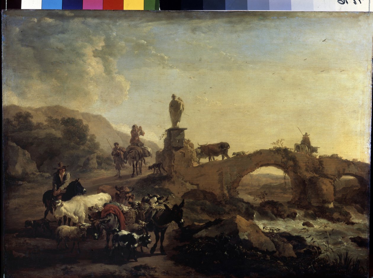 "Italská krajina s malým mostem" Obraz Nicolaes (Claes) Pietersz Berchem starší (1620-1683) 1656 Rozměr 44,5x61 cm Muzeum Ermitáž, Petrohrad od Nicolaes Pietersz. Berchem