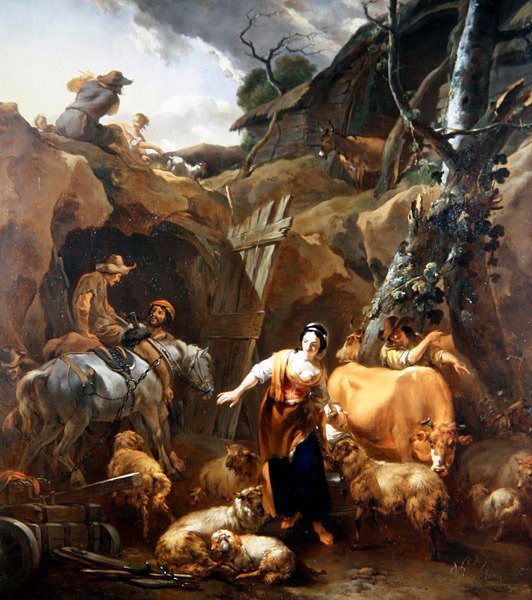 Rolníci ve skalnaté krajině mimo důl od Nicolaes Pietersz. Berchem