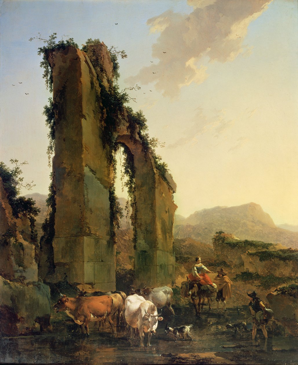Rolníci s dobytkem u zničeného akvaduktu, kolem 1655-60 (olej na plátně) od Nicolaes Pietersz. Berchem