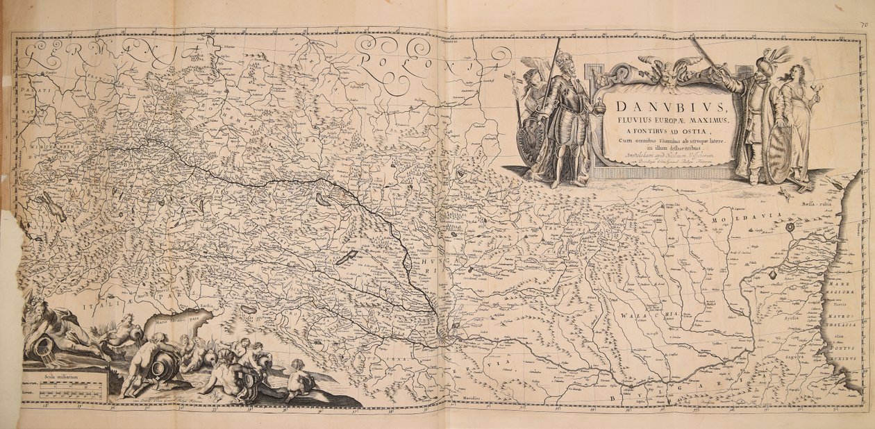 Danubius fluuius Europae maximus a fontibus ad ostia cum omnibus flumnibus ab utroque latere in illum defluentibus od Nicolaes Visscher